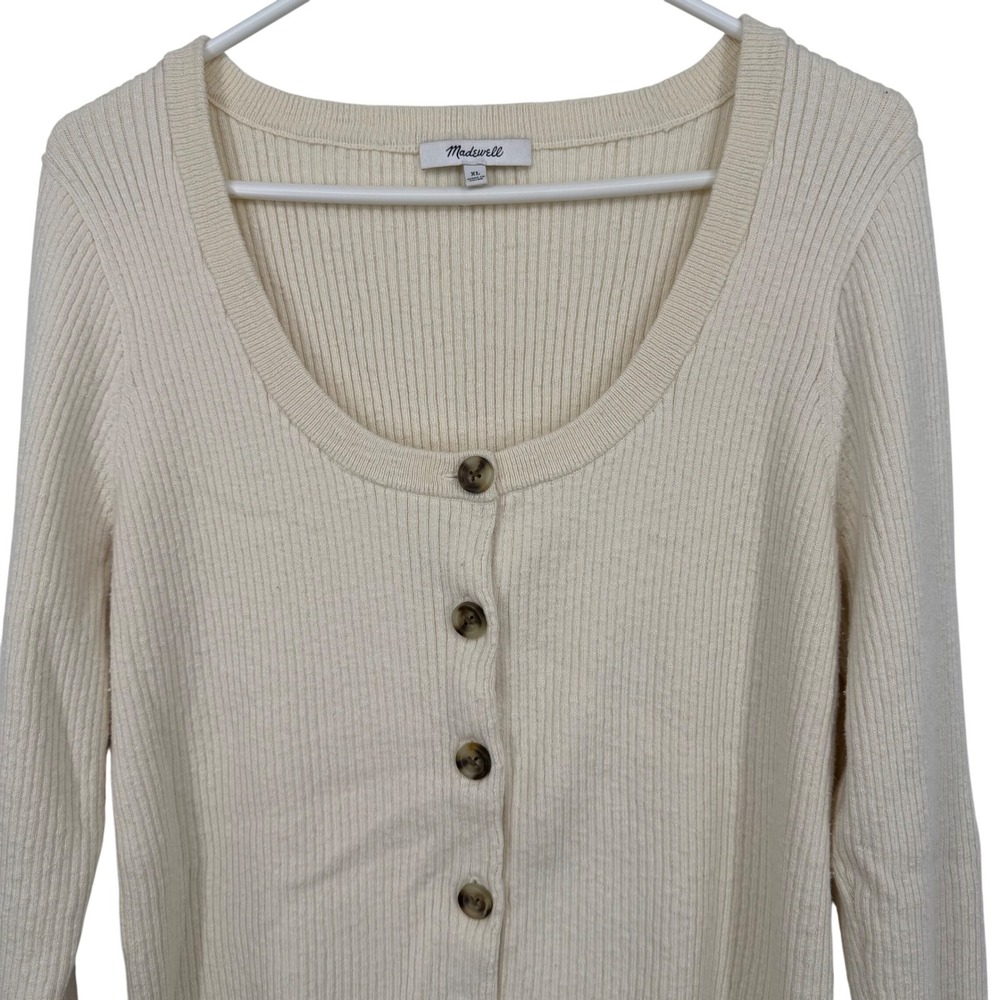 Madewell Cardigan Women XL Ivory Ribbed Scoop Neck Button Front Knit Sweater